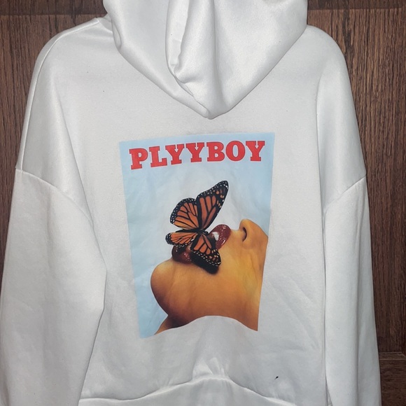 White unisex hoodie with a logo on the back. Size Medium - Picture 4 of 4